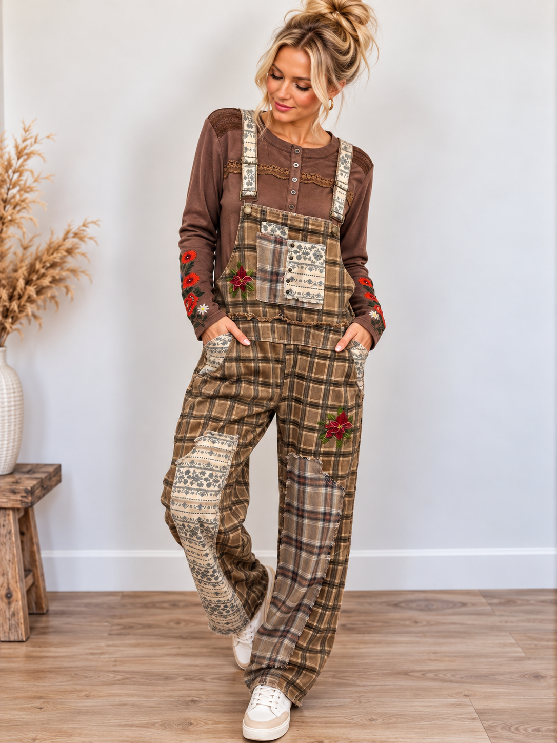 Pol Clothing Chocolate Plaid Overalls