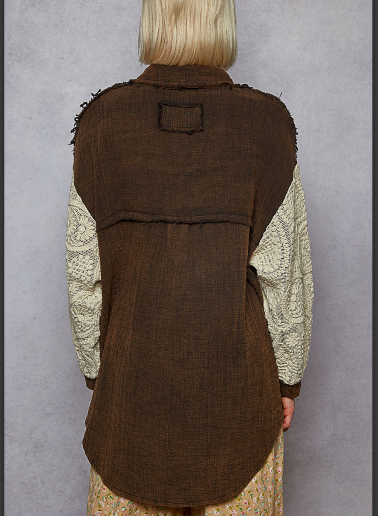 Mineral Wash Chocolate Brown Peace Button Up Top POL