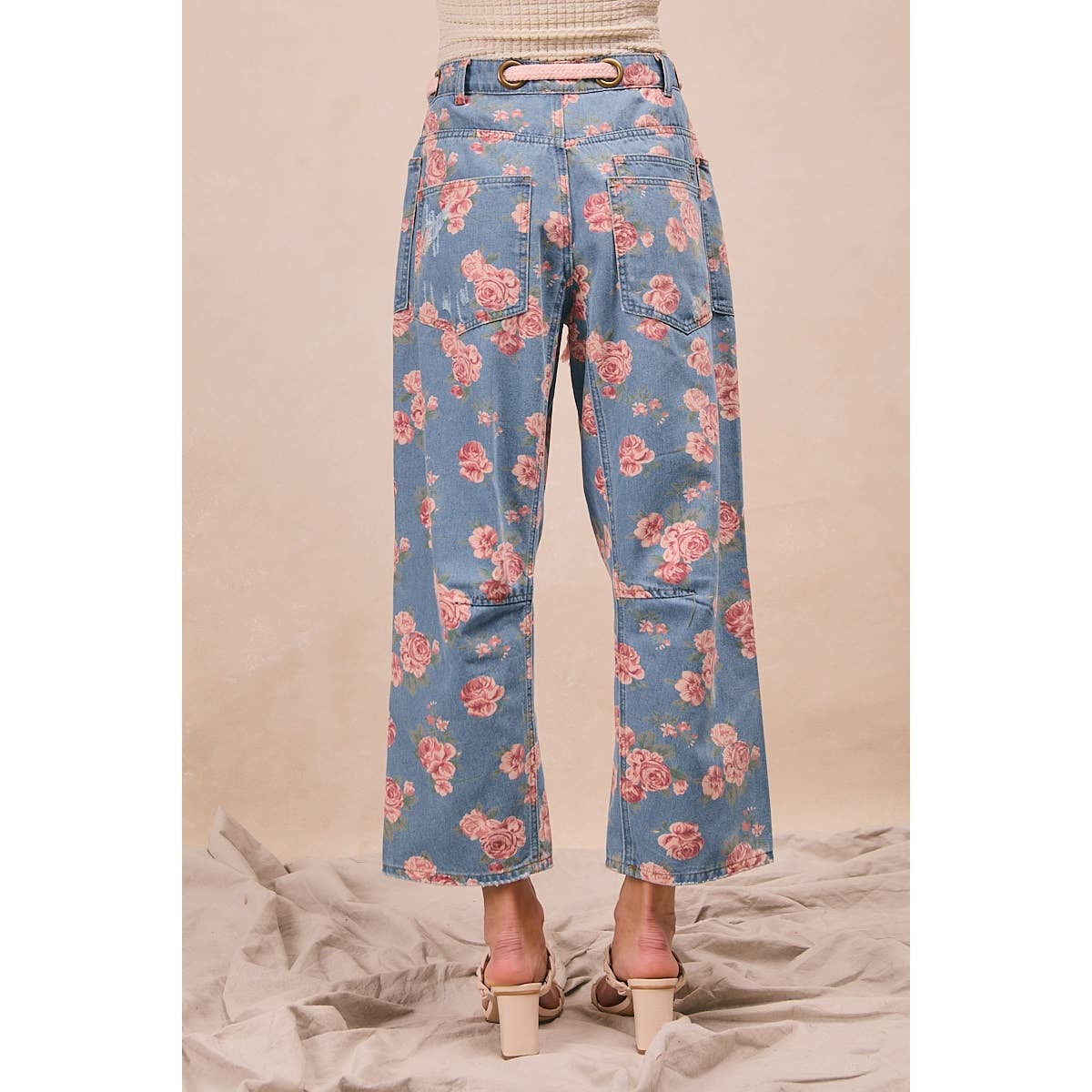 BRAIDING PATCH POCKET FLORAL DENIM PANTS