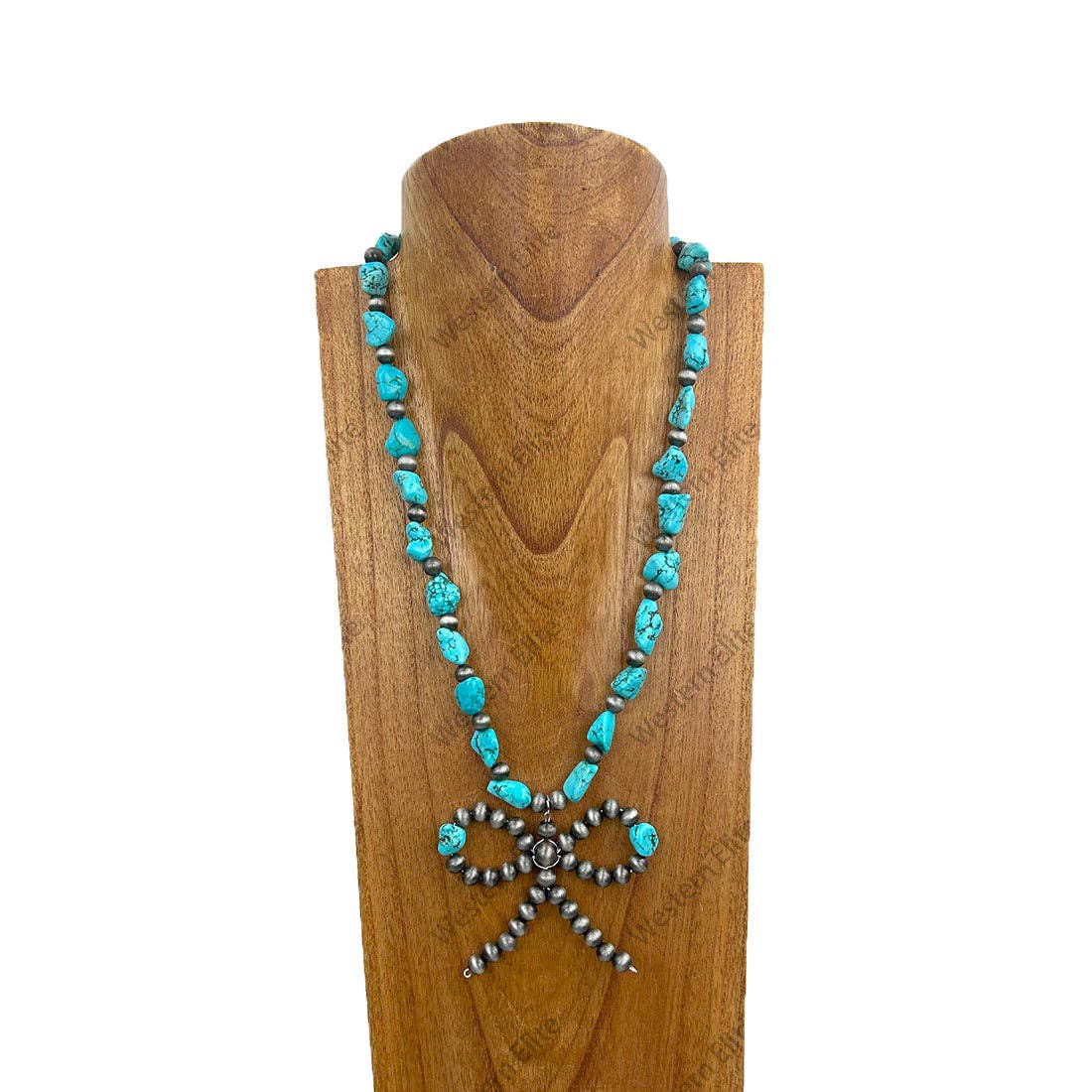 NKY250306-01 22 inches silver Navajo pearl and blue turquoise stone nuggets with bow tie Necklace