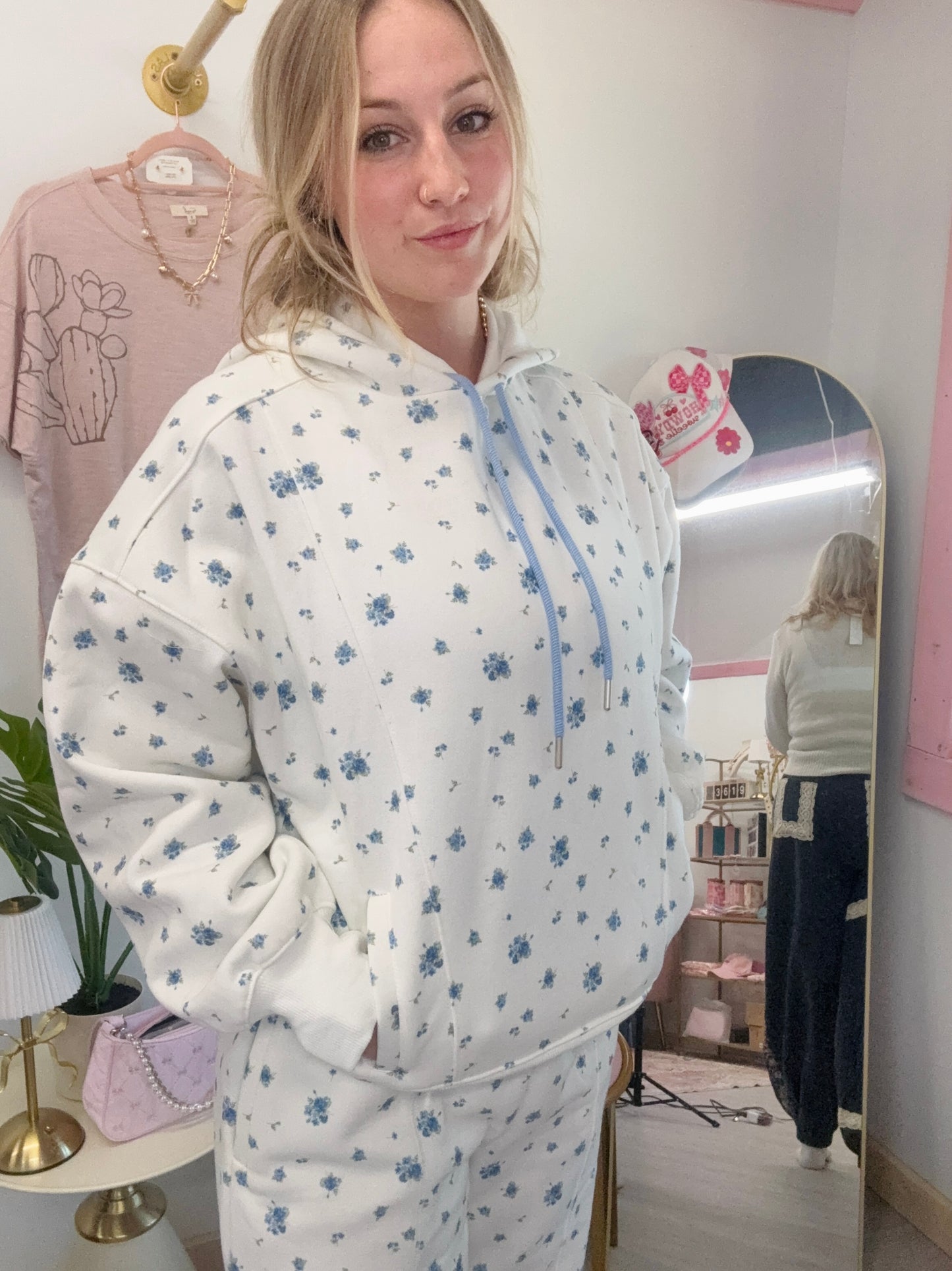 Floral Ditsy Fleece Terry Hoodie Peach Love