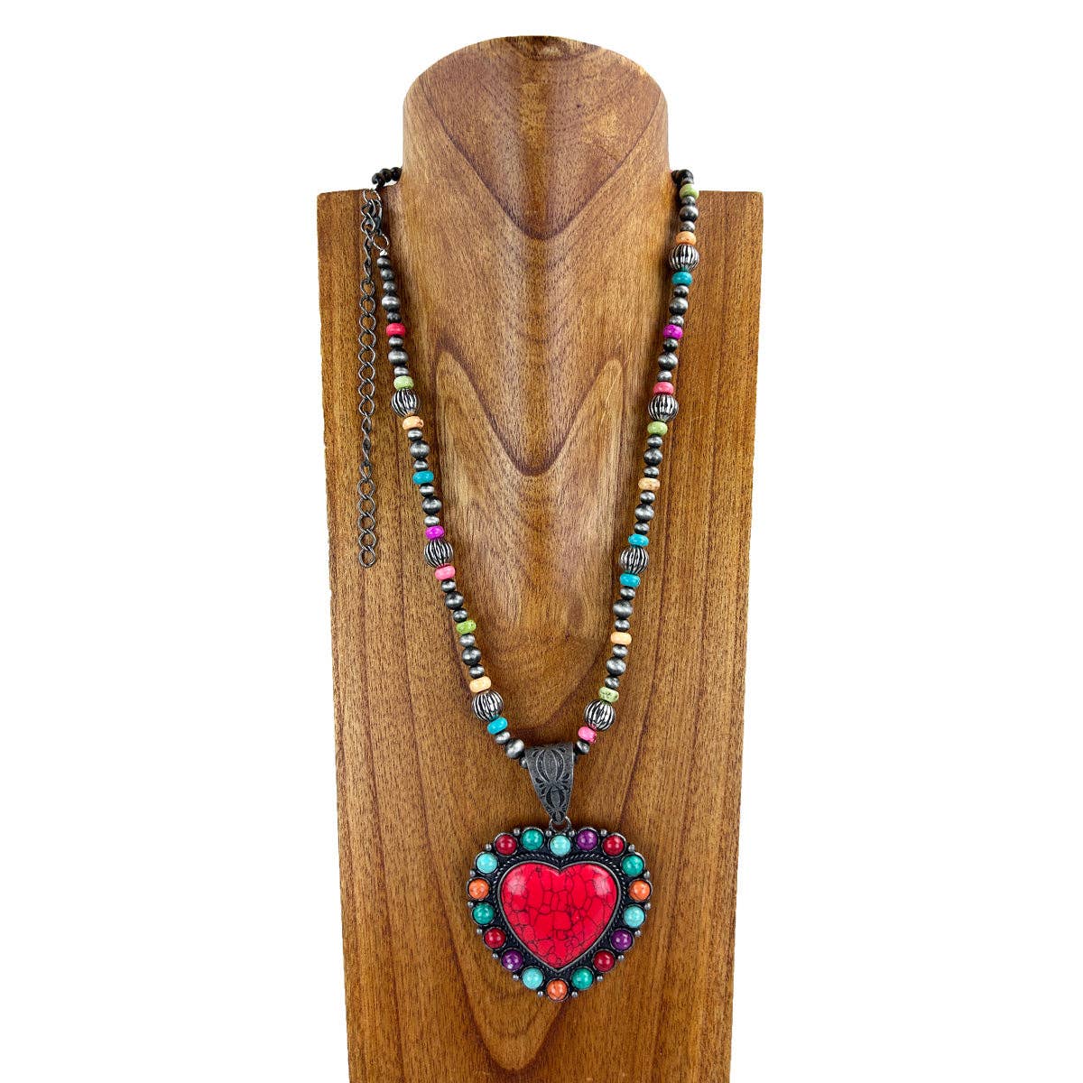 NKS230416-24 Navajo pearl and muti color stone necklace with big red heart pendent
