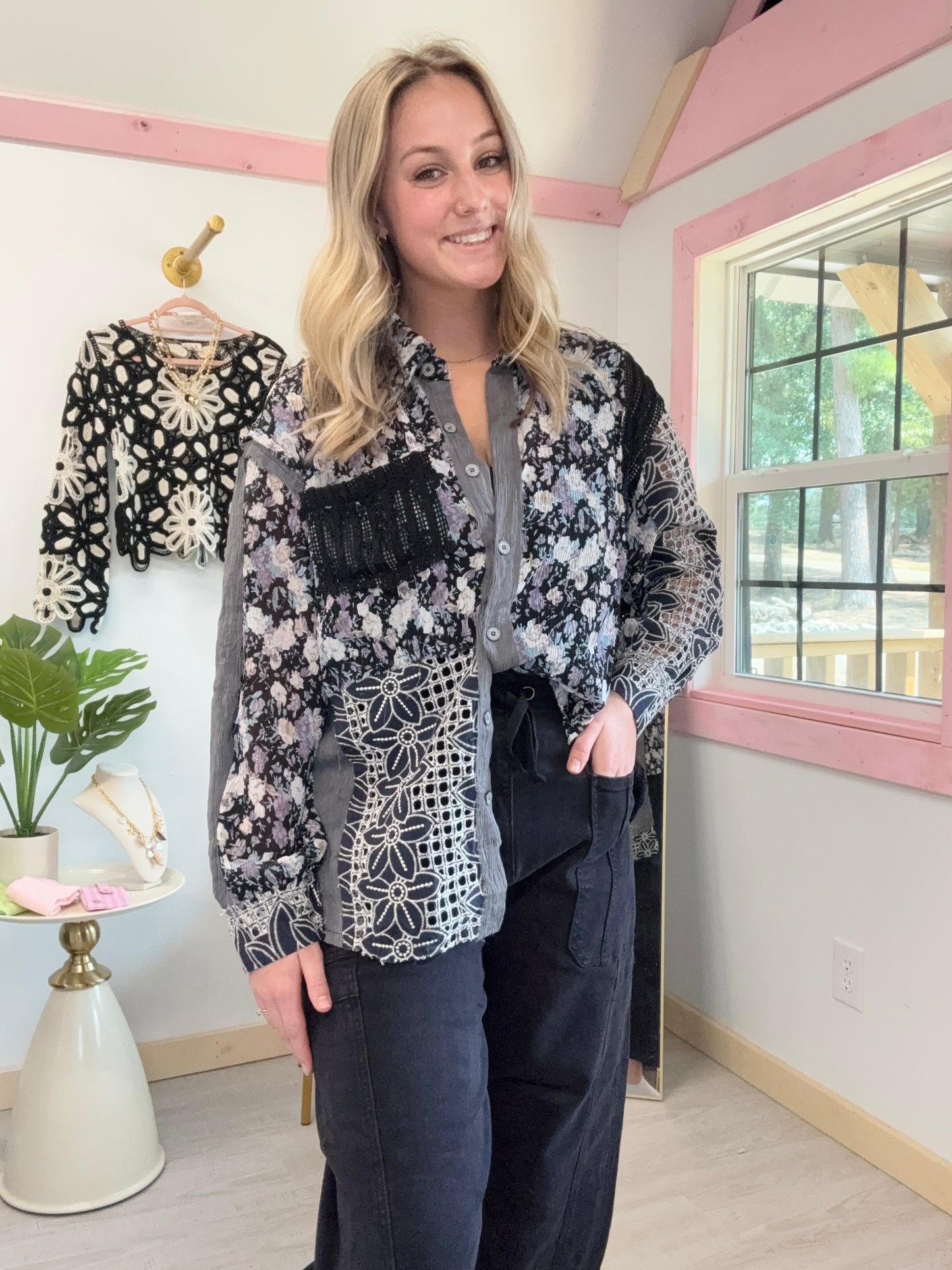 Black and Lavender with Black Lace Top
