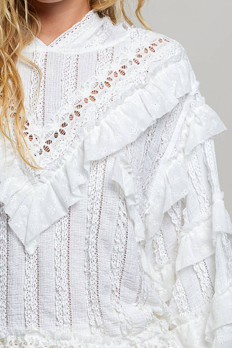 White Romantic Lace Ruffle Balloon Sleeve Floral Trim Hoodie