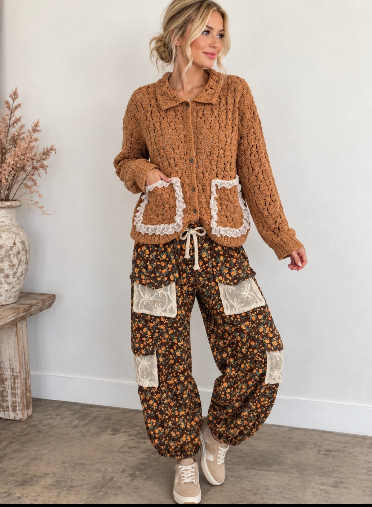 Textured Stitch Crochet Knit Lace Trim Shirt Cardigan Top