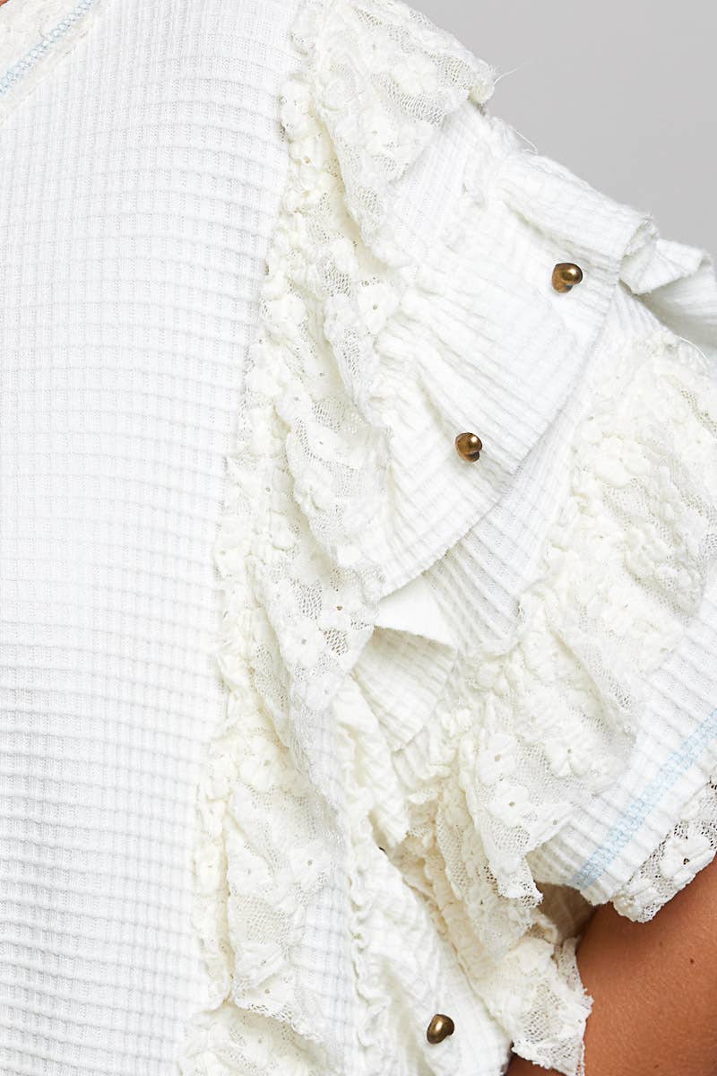 Textured Knit Ruffle Sleeve Lace Stud Cropped Short Top