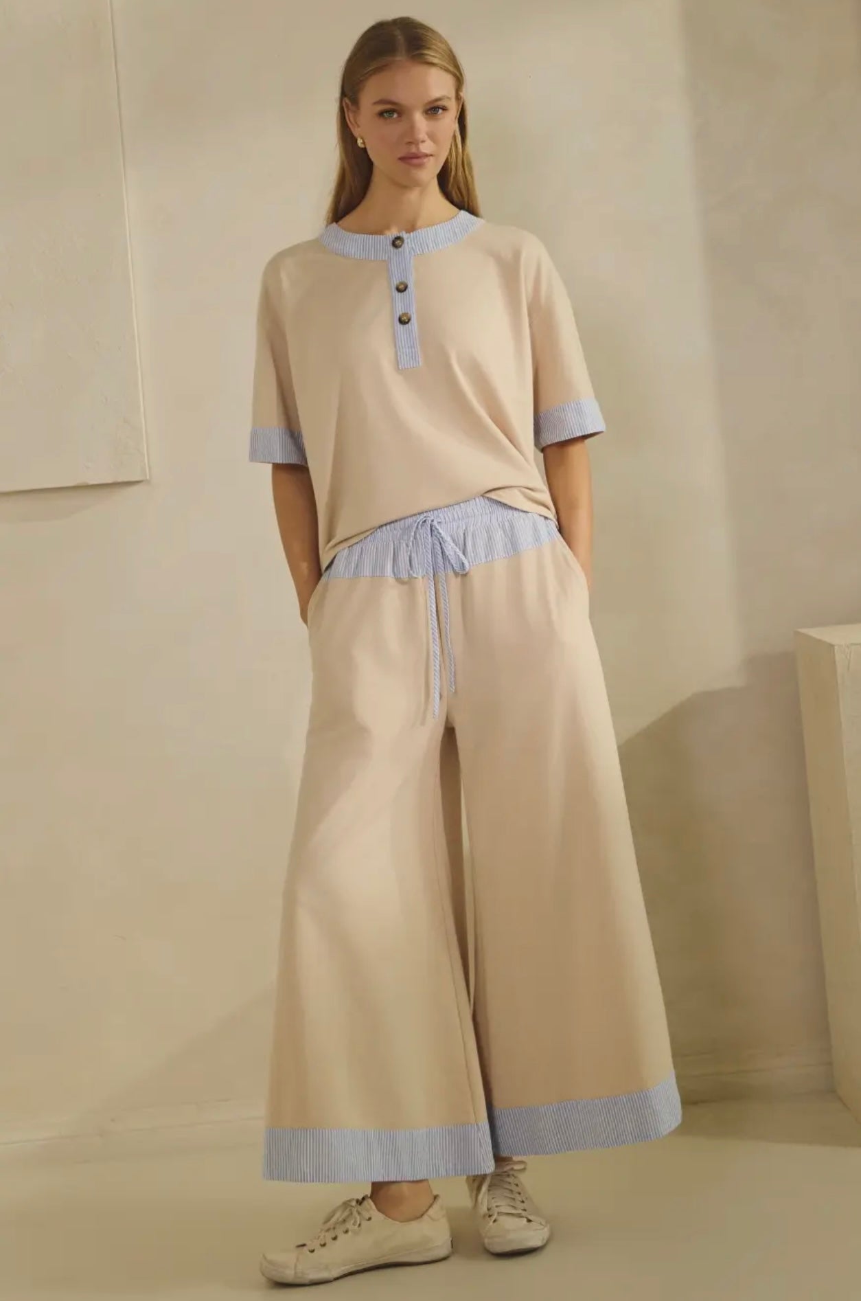 Ivory With Blue Trim Wide Leg Set