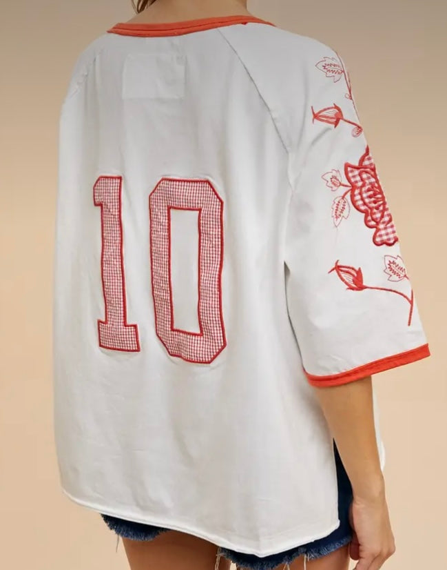 Red and White 10 Embroidery Top