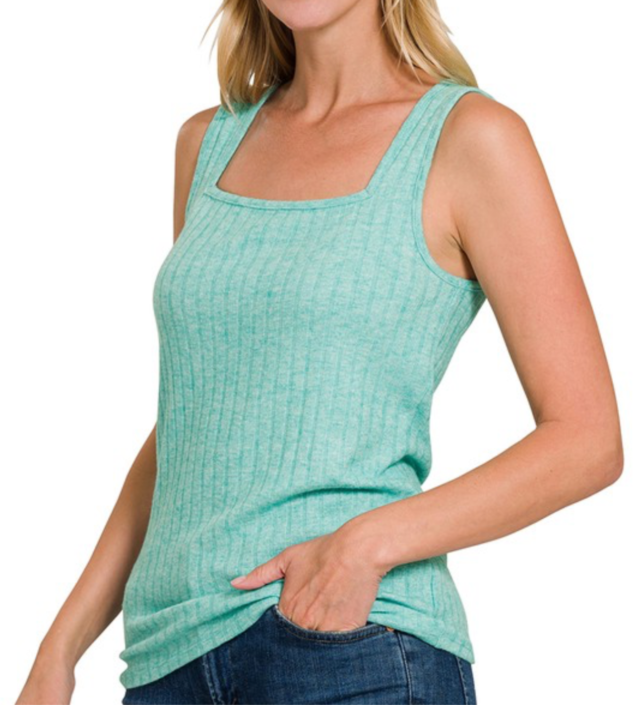 Turquoise Ribbed Square Neck Top