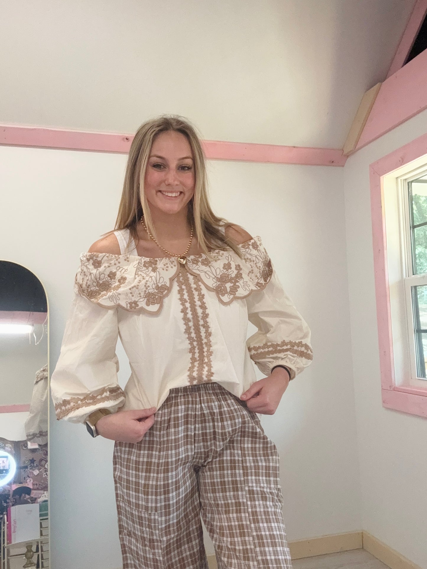 Tan Large Collar Embroidered Top Easel