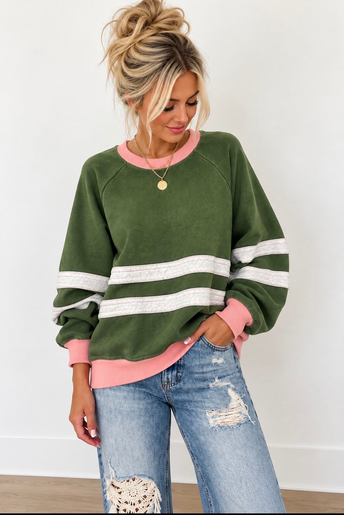 Easel Matcha Green Pink Stripe Sweater