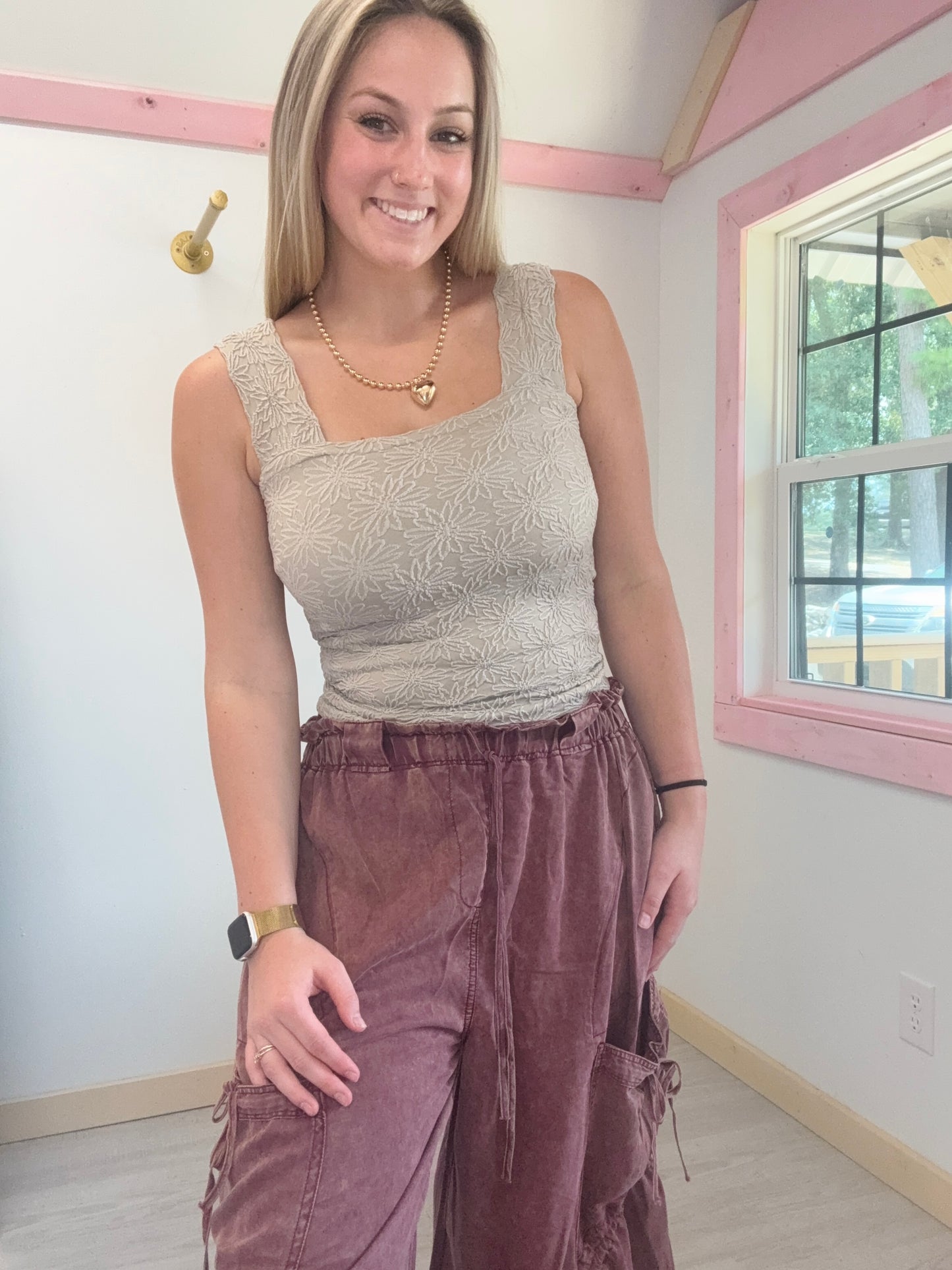 Oatmeal Floral Square Neck Tank Top