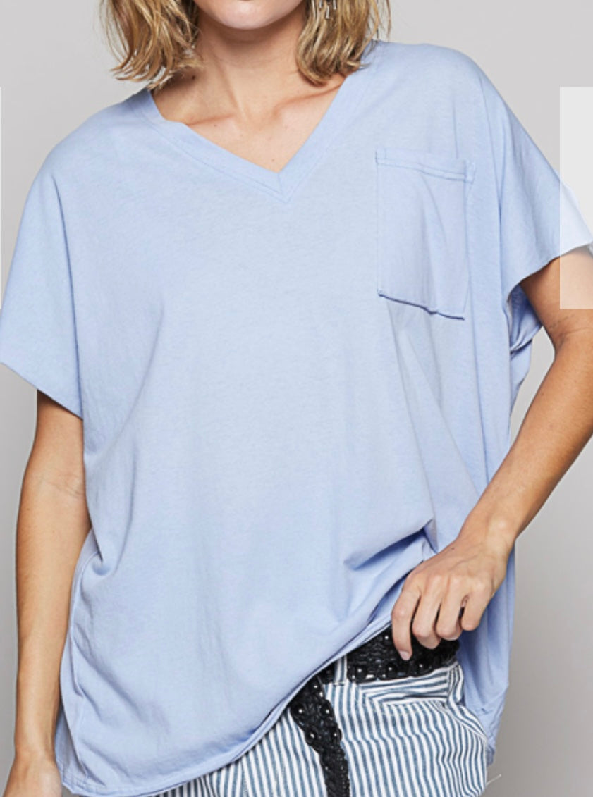 Baby Blue V Neck Pocket Top