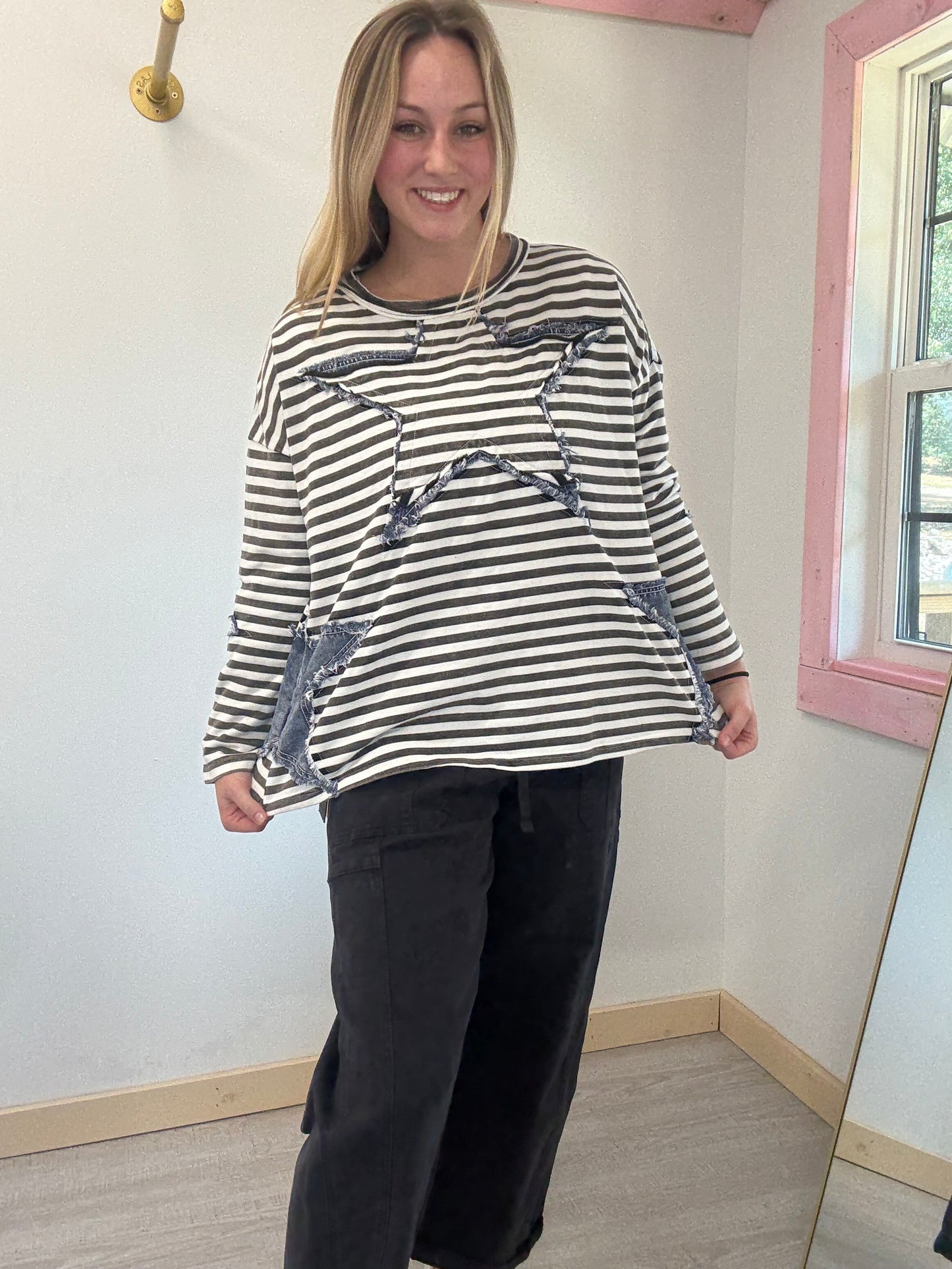 Black and White Stripe with Jean outlined Star Top Blue Velvet