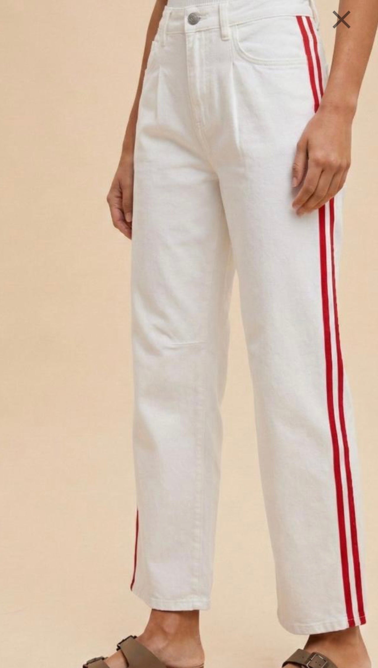 White Denim W Red Side Tape Cropped Jeans