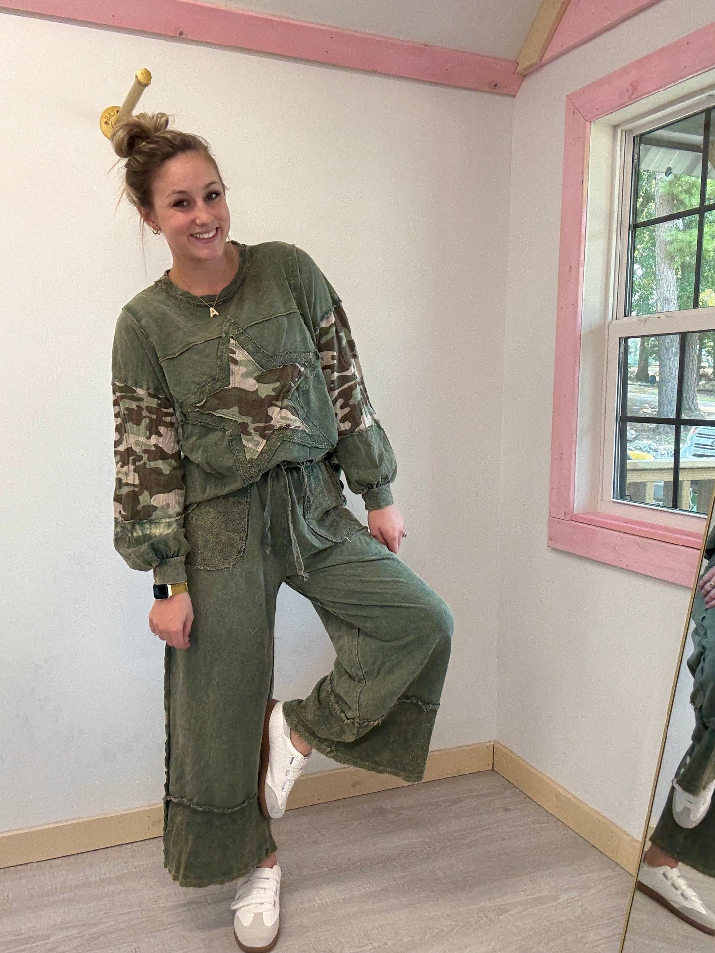 Olive Green Wide Leg Mineral Wash JHer Pants