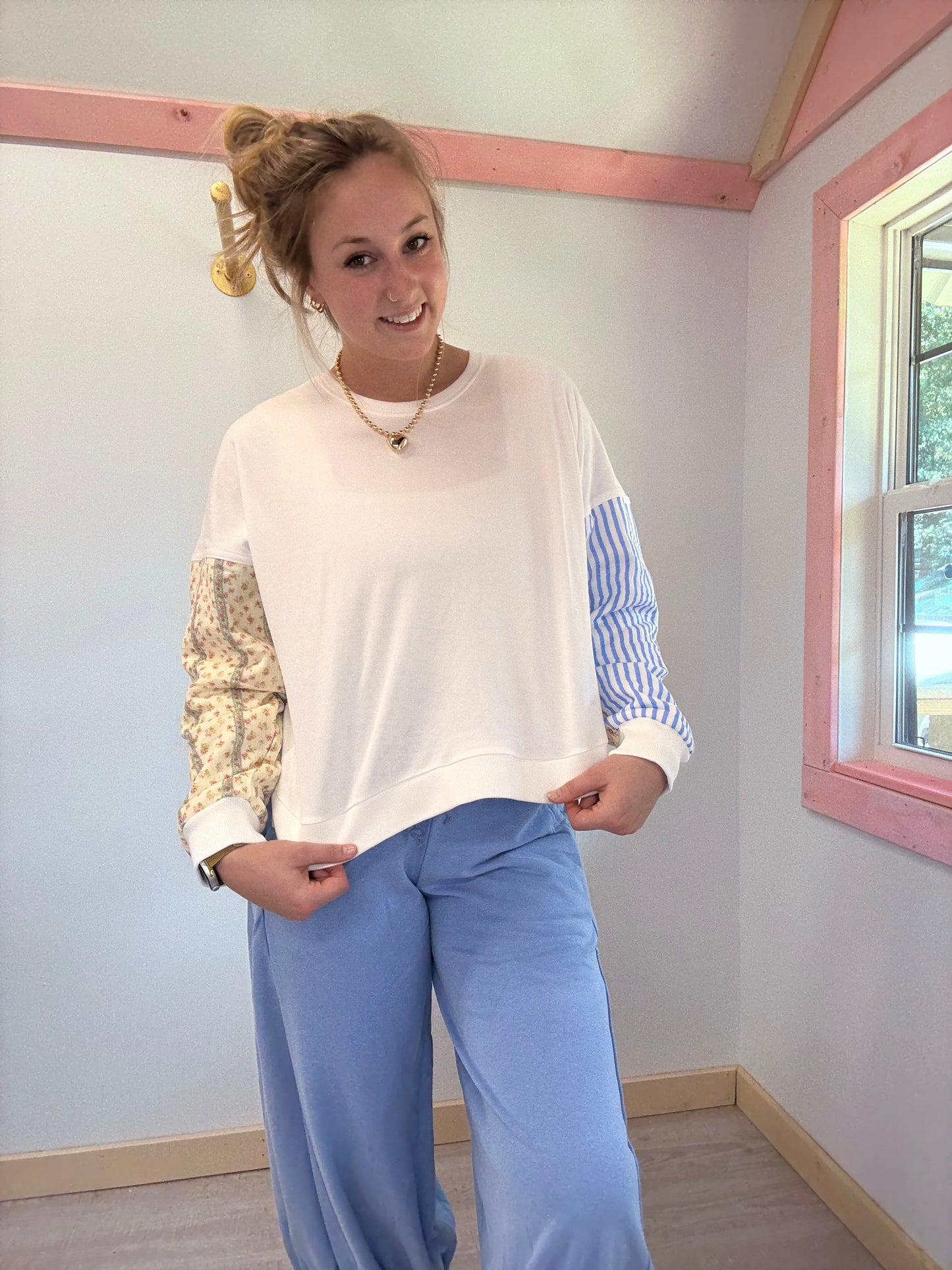 White Blue Stripe with Floral Sleeves Sweatshirt Wishlist