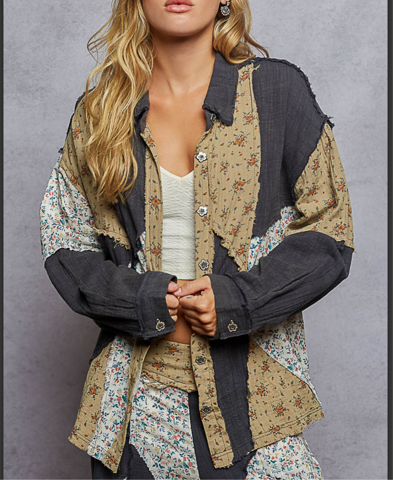 Charcoal Double Gauze Floral Top Pol
