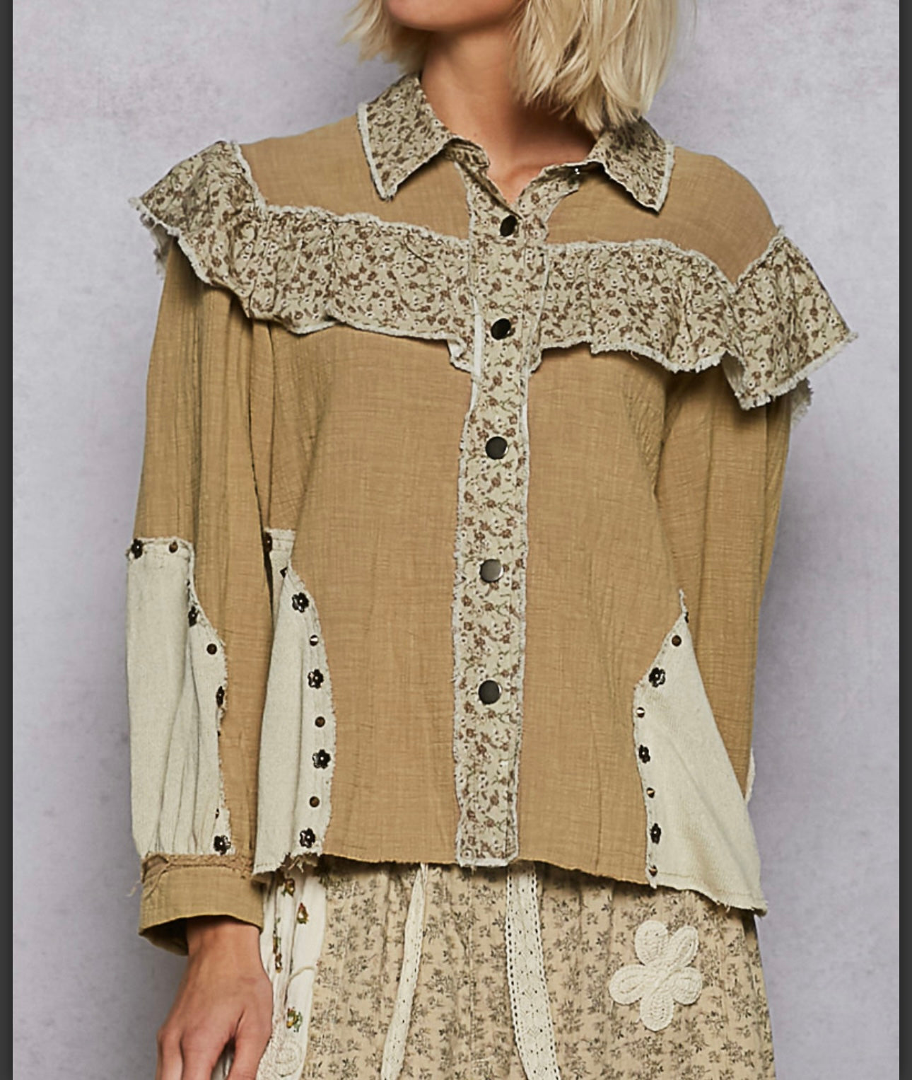 Taupe Ruffle Top Pol