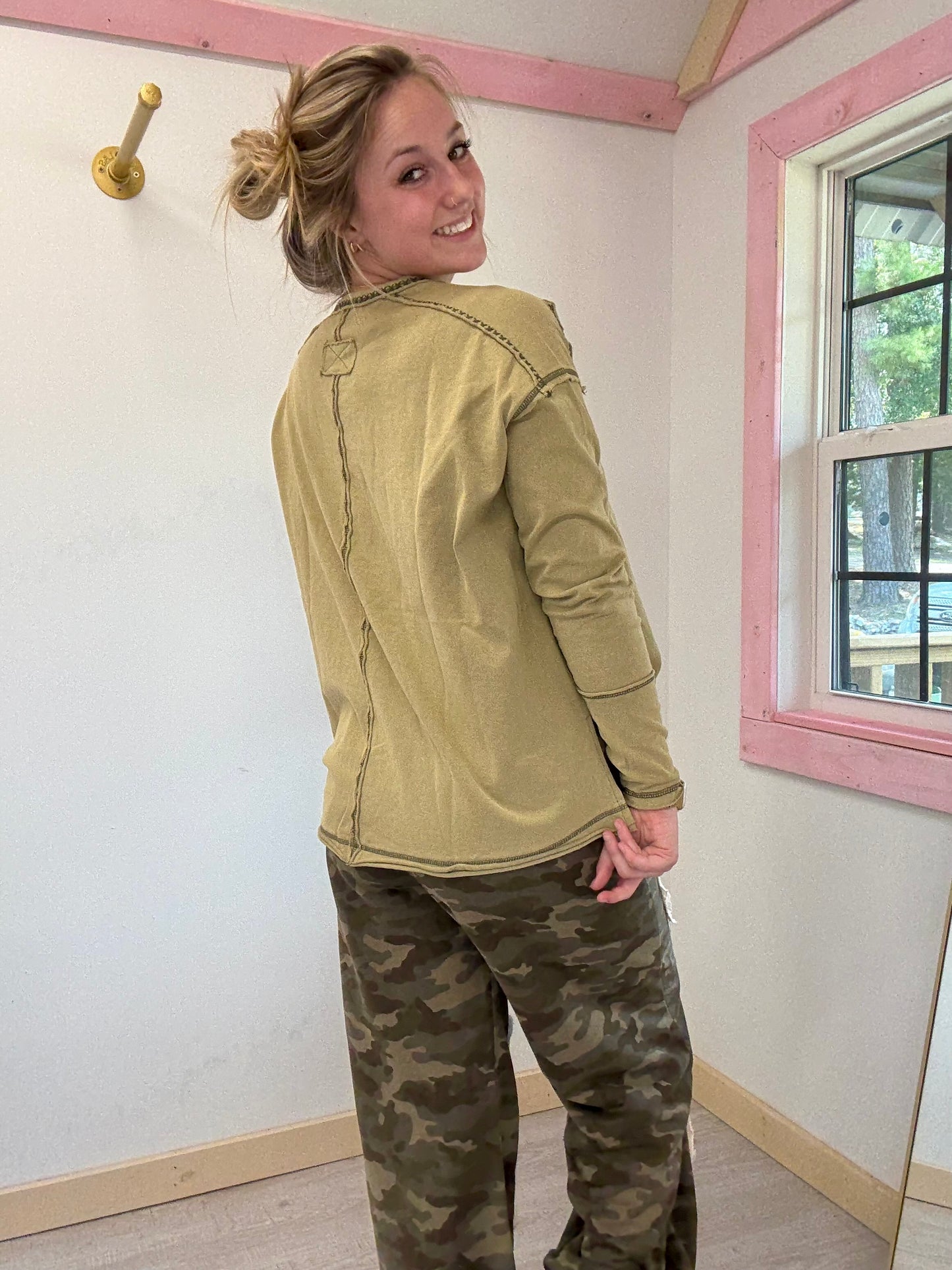 Olive Washed Henley Button Down In Loom