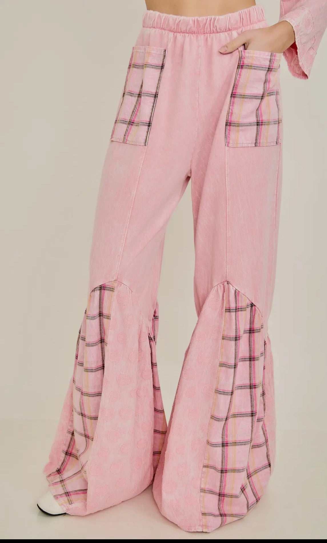Pink Boho Plaid Flare Leg Pants JHer