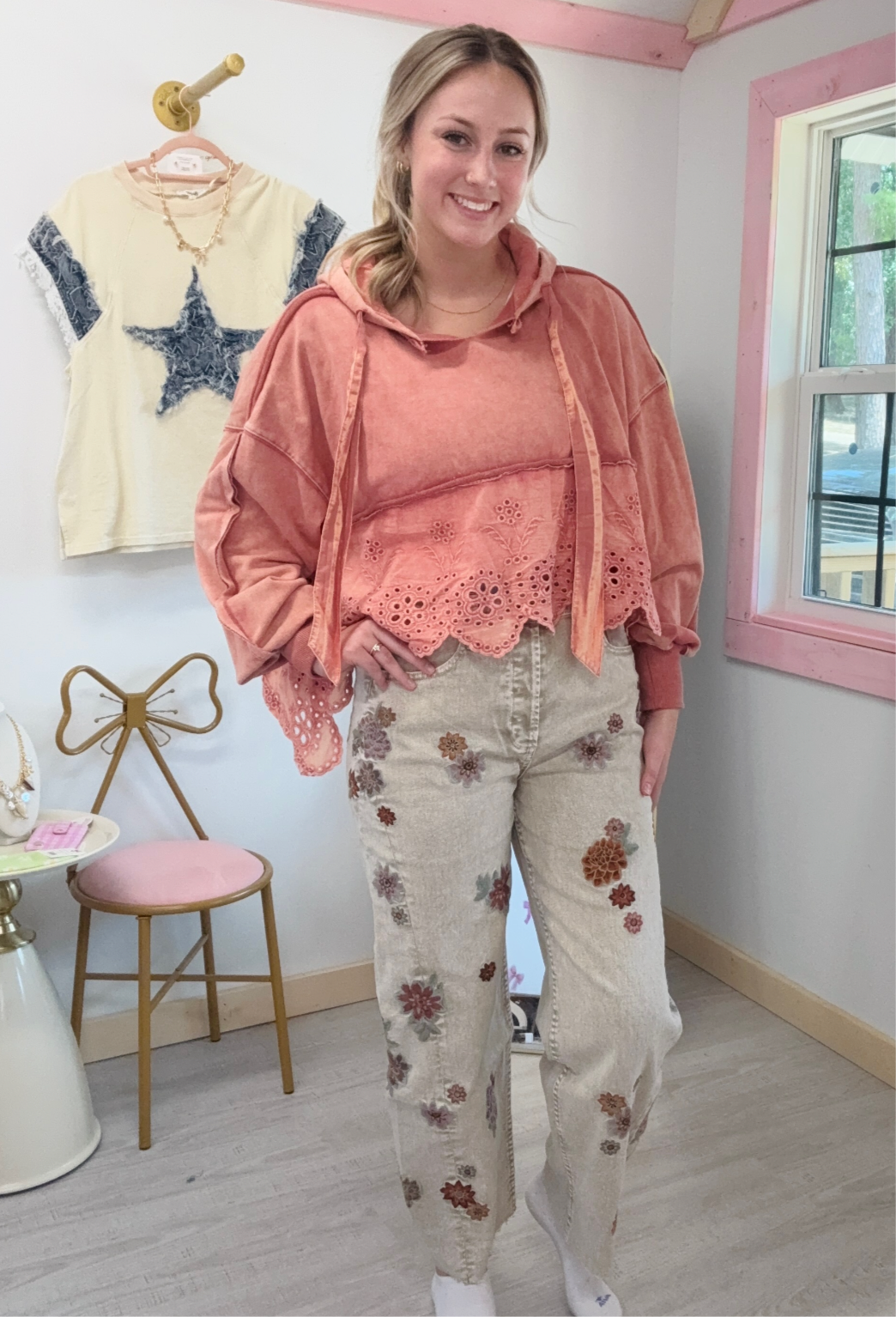 Floral Embroidery Grey Jeans