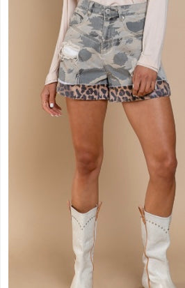 Camo with leopard Print Shorts