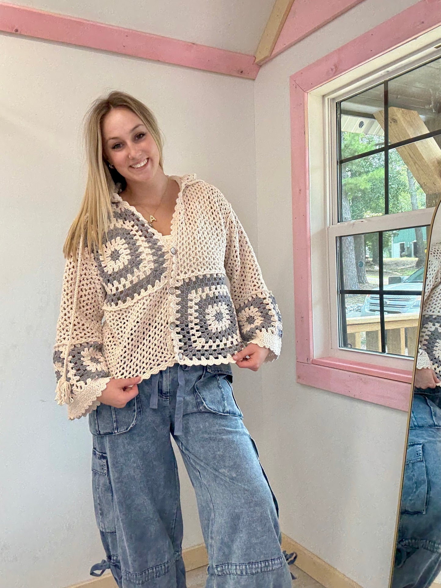 Cream Granny Patch Chenille Sweater Pol