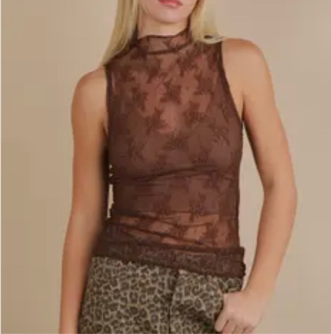 Brown Mesh Sleeveless Top
