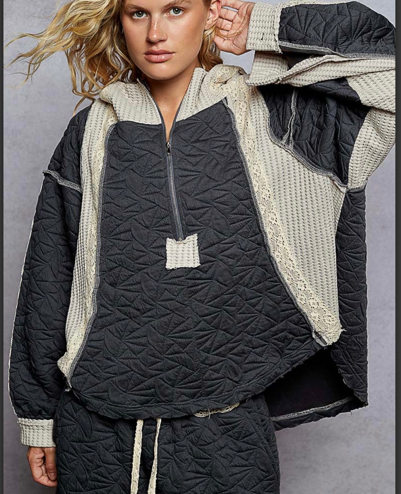 Quilted Charcoal Hoodie Pol