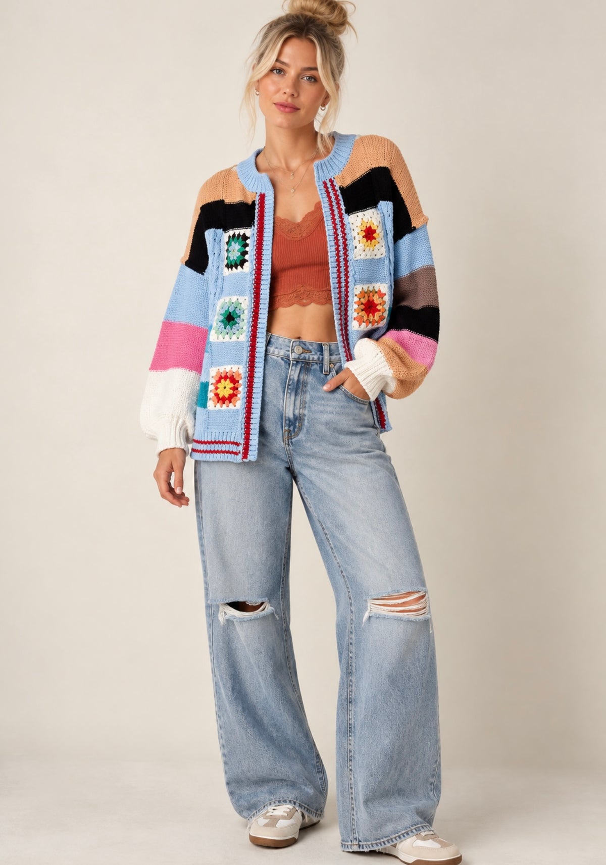 Handmade Patchwork Striped Chenille Sweater Open Cardigan