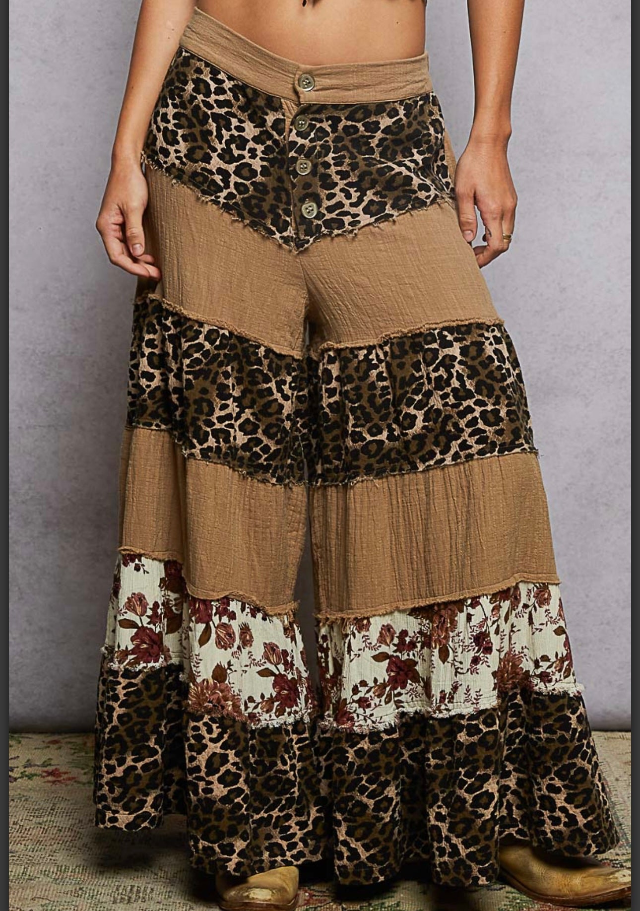 Brown Animal And Floral Wide Leg Pants Pol