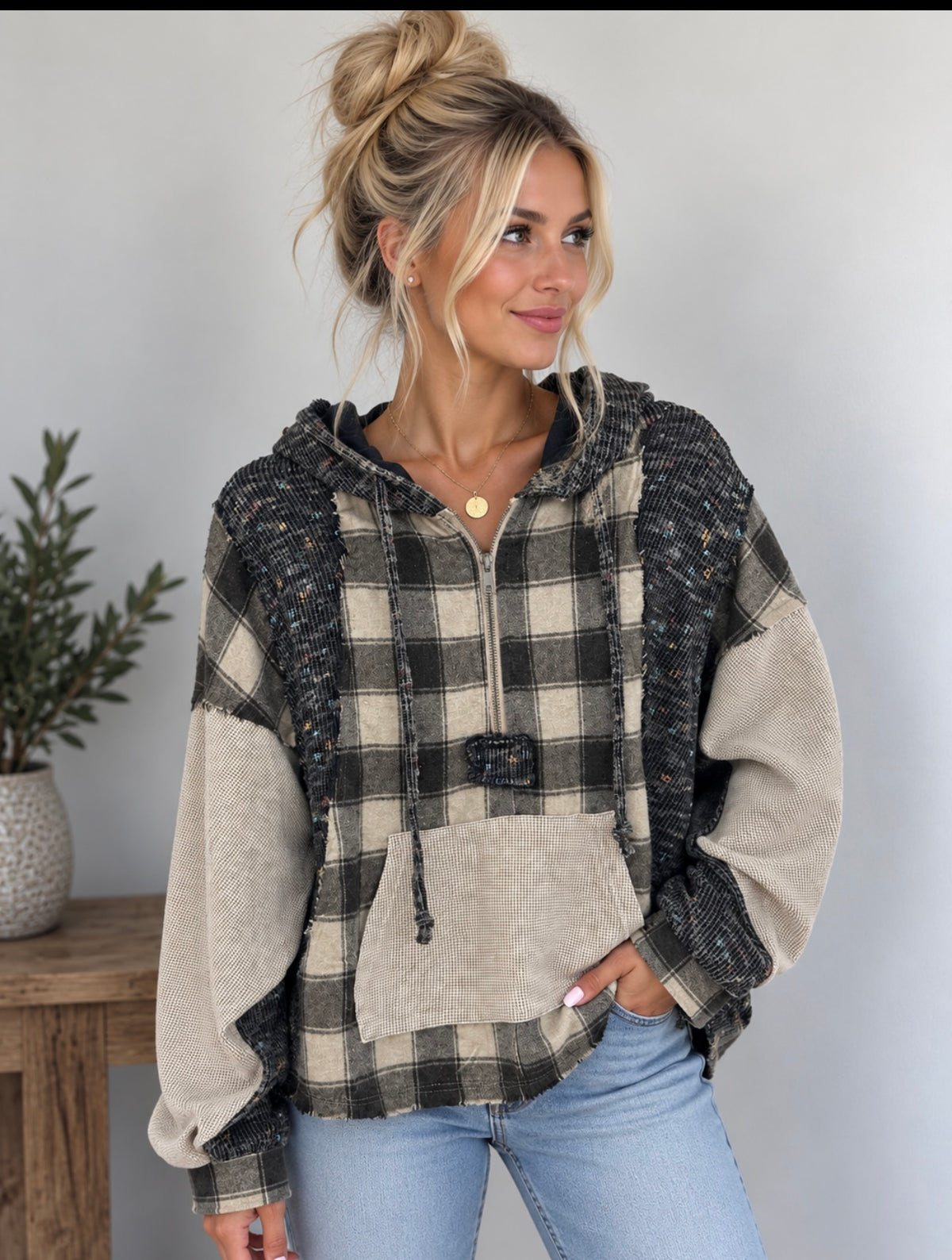 Pol Beige Thermal Plaid Top