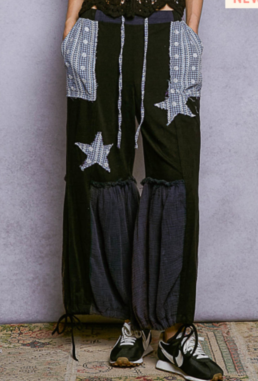 Black patchwork, flowy pants