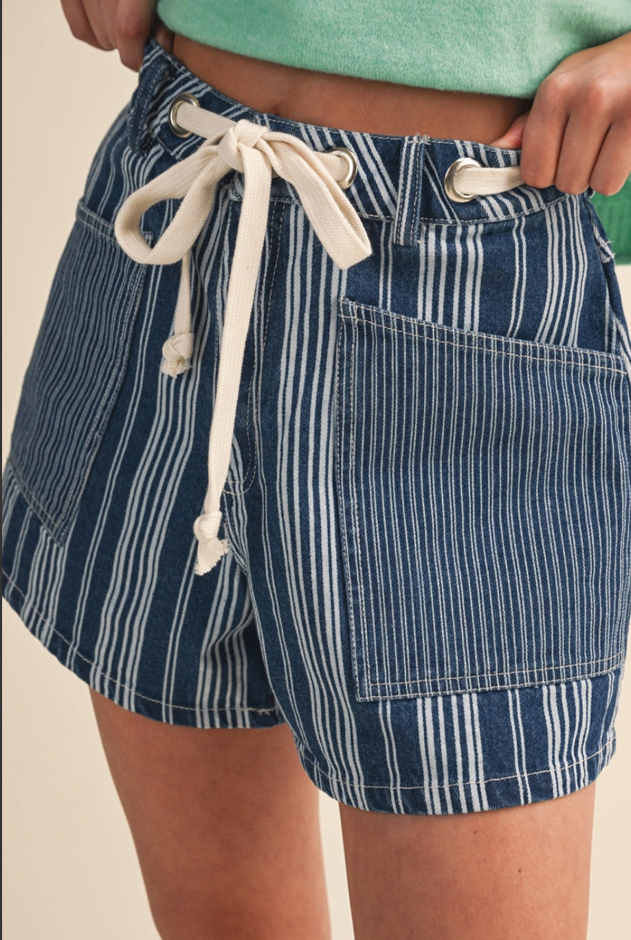 Striped dark denim shorts