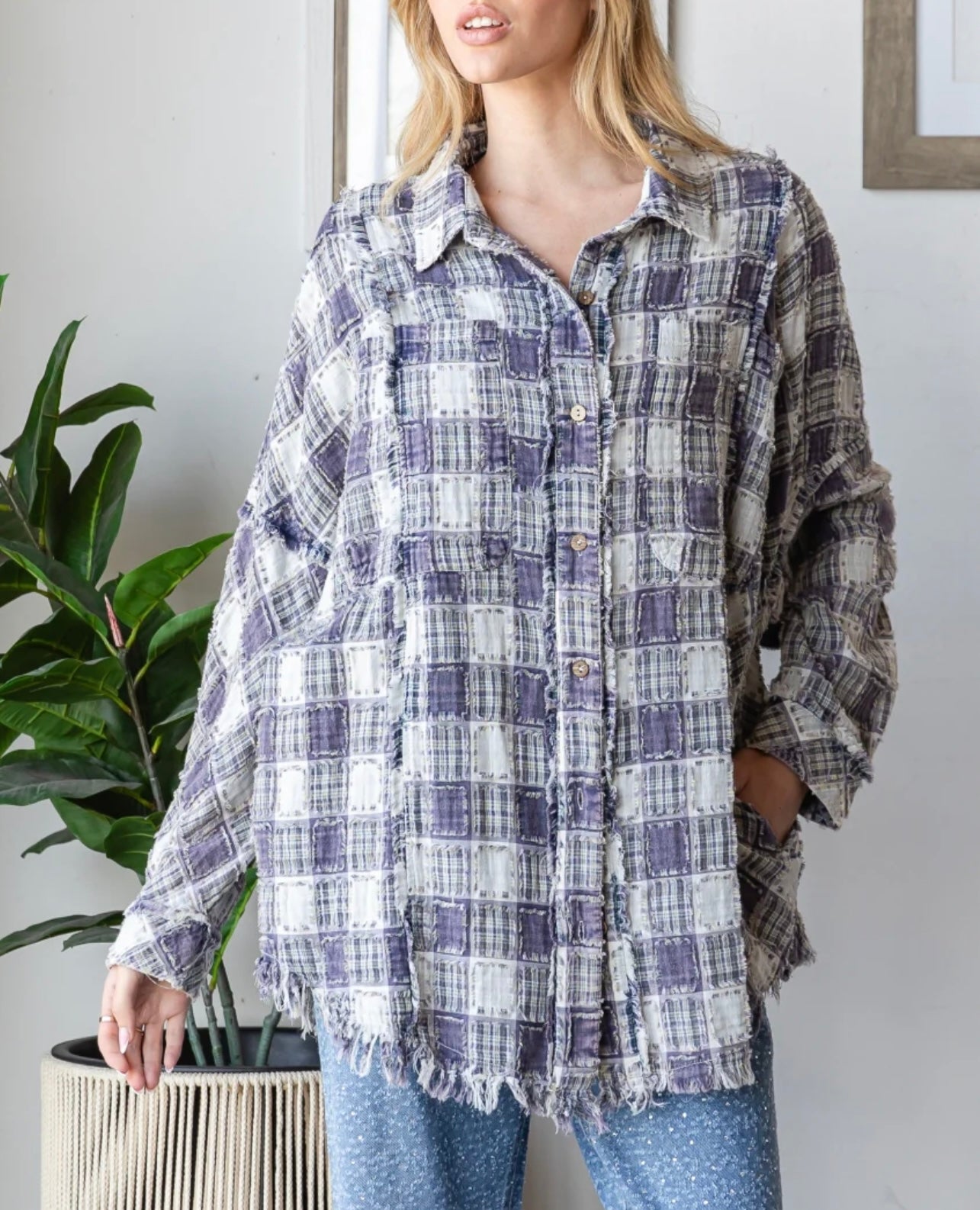 Washed Lavender Mixed Plaid Oversized Button up with Pockets