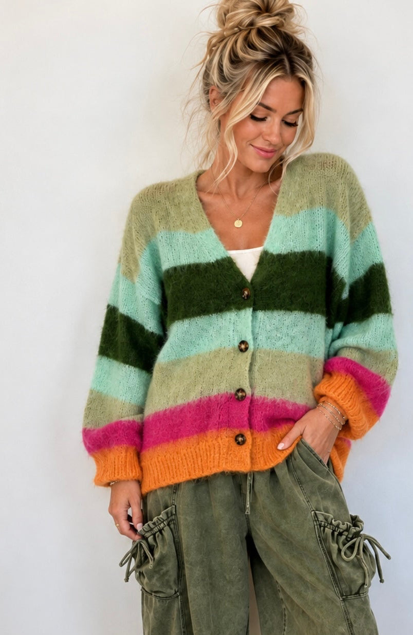 Mohair Striped V-neck Sweater Women Cardigan