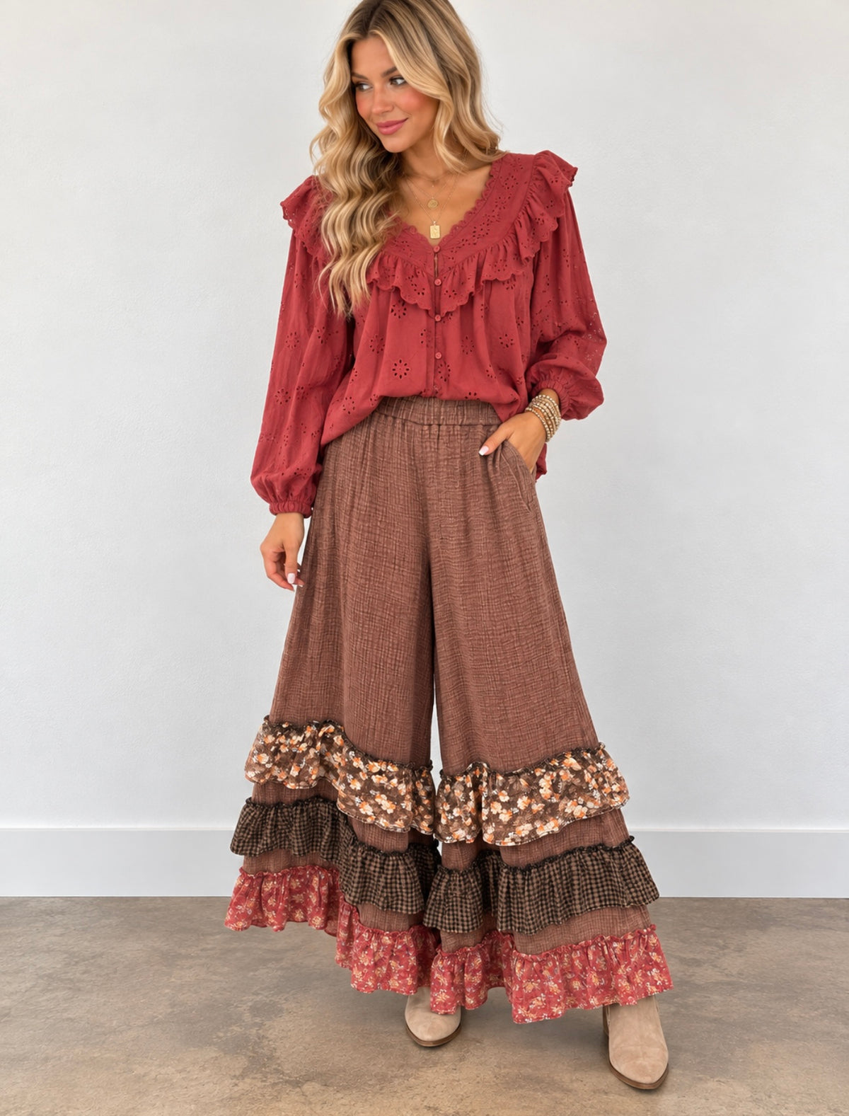 Easel Boho Red Mineral Washed Eyelet Top