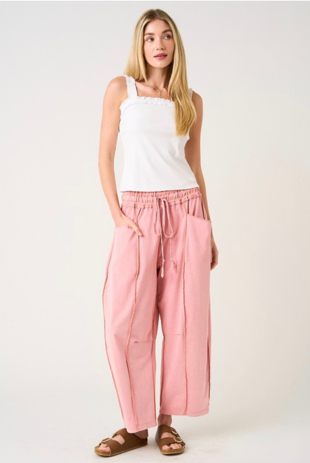 Misty Rose MINERAL WASH SEAM DETAIL PULL ON BARREL PANTS