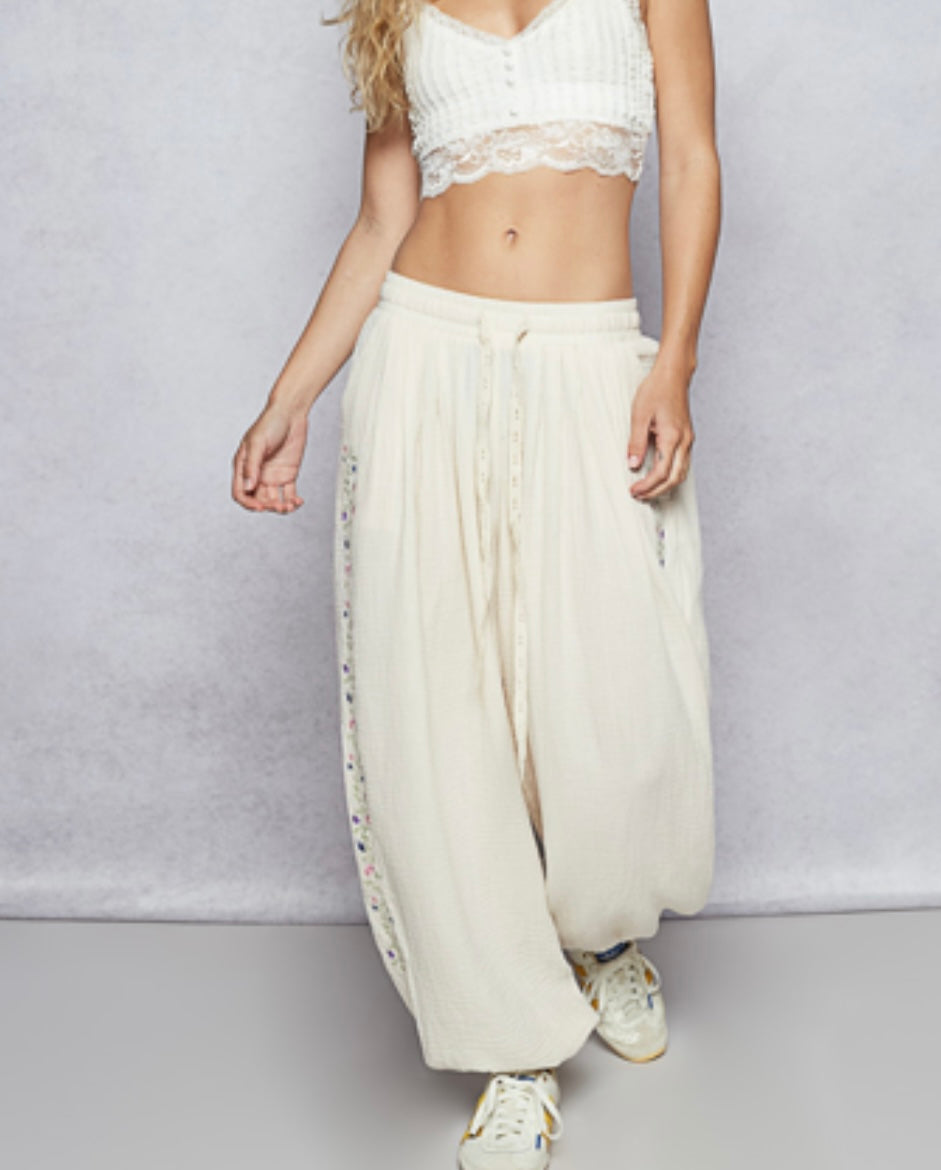 Natural Gauze Floral Joggers