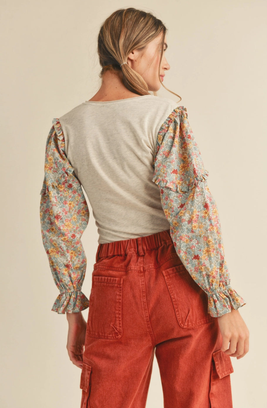 Contrast Floral Long Puff Sleeve Top