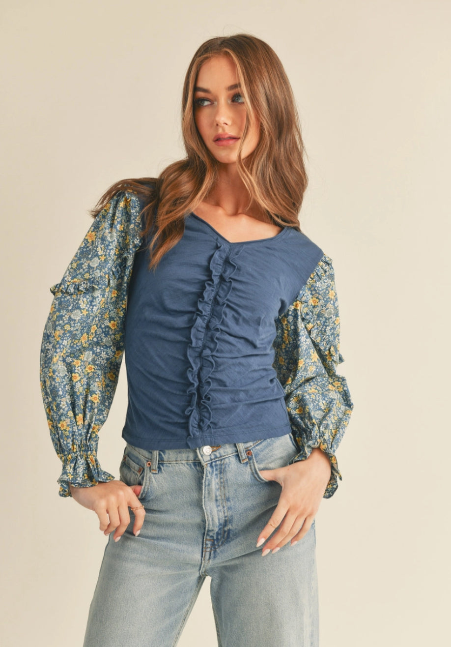 Contrast Floral Long Puff Sleeve Top