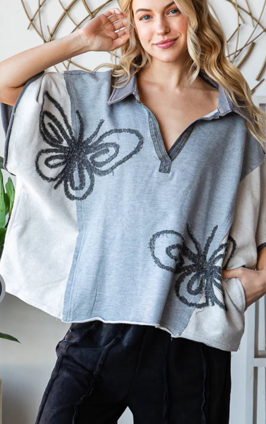 Washed butterfly patchwork, Henley, V-neck.