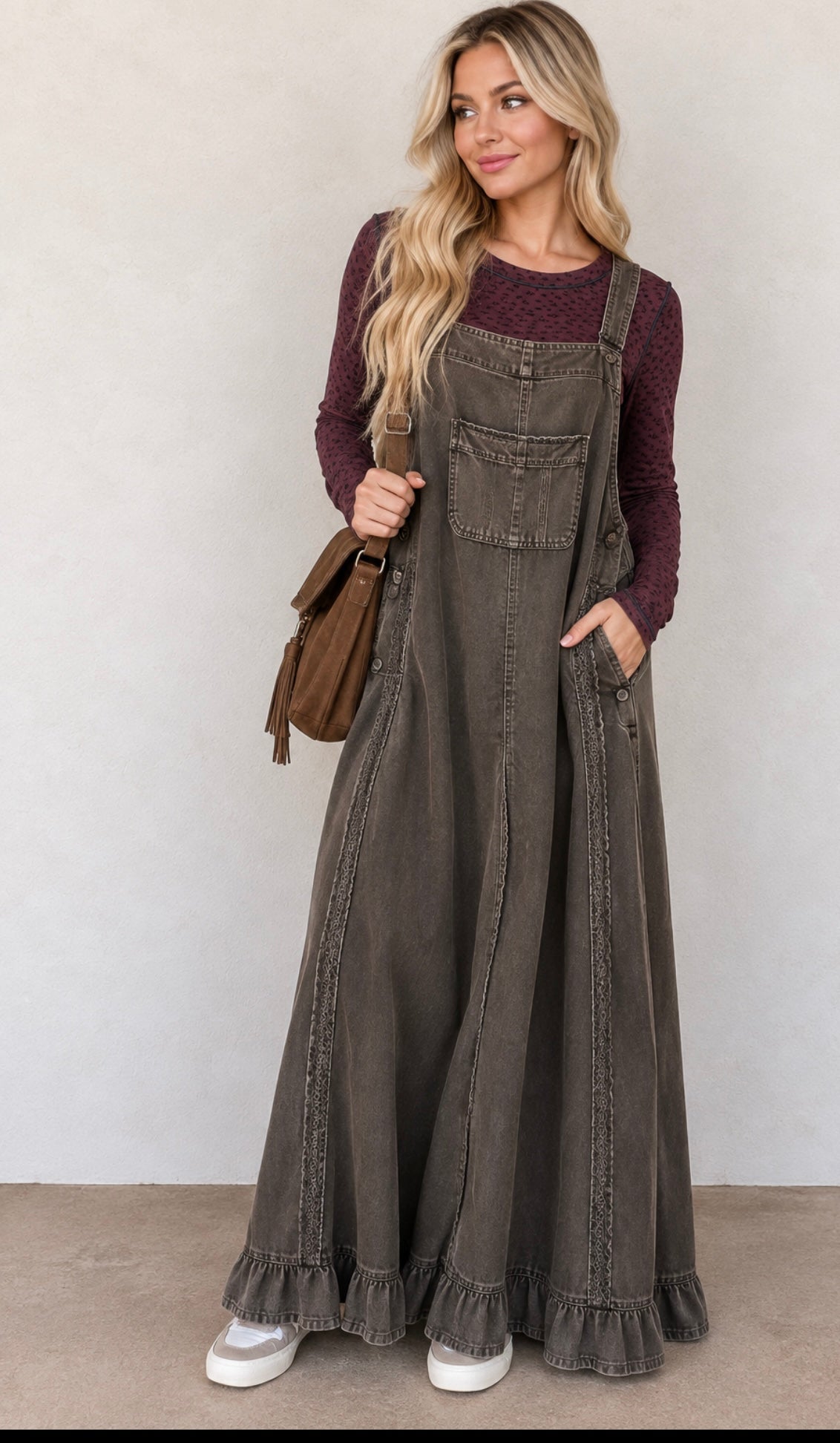 MINERAL WASHED RUFFLE HEM OVERALL JUMPSUIT