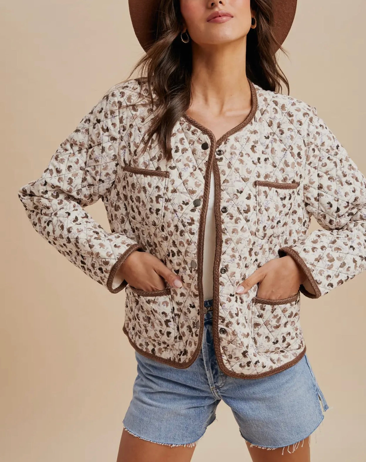 Quilted Brown and Cream Cord Print In Loom Quilted Jacket