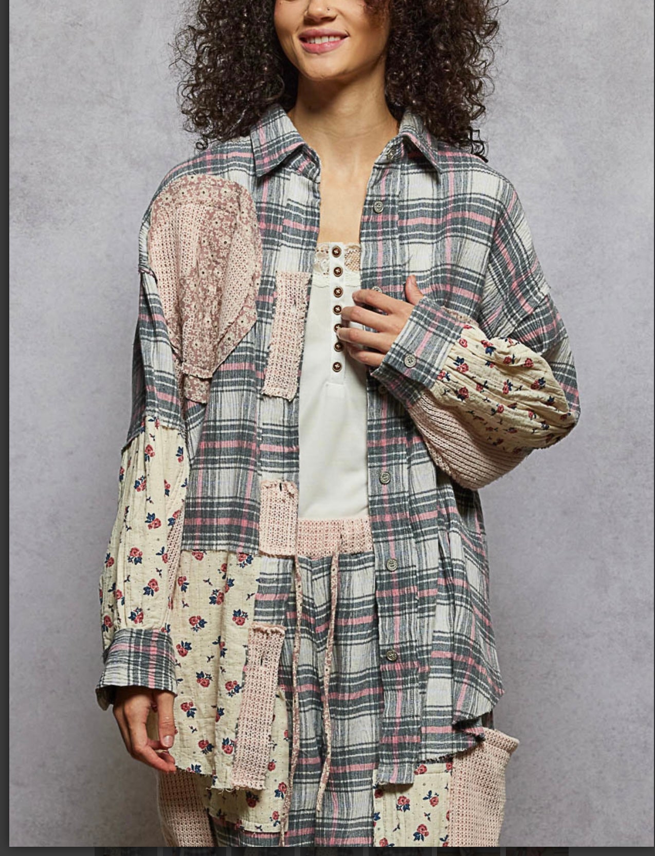 Pink Plaid Floral Patch Oversized Top Pol