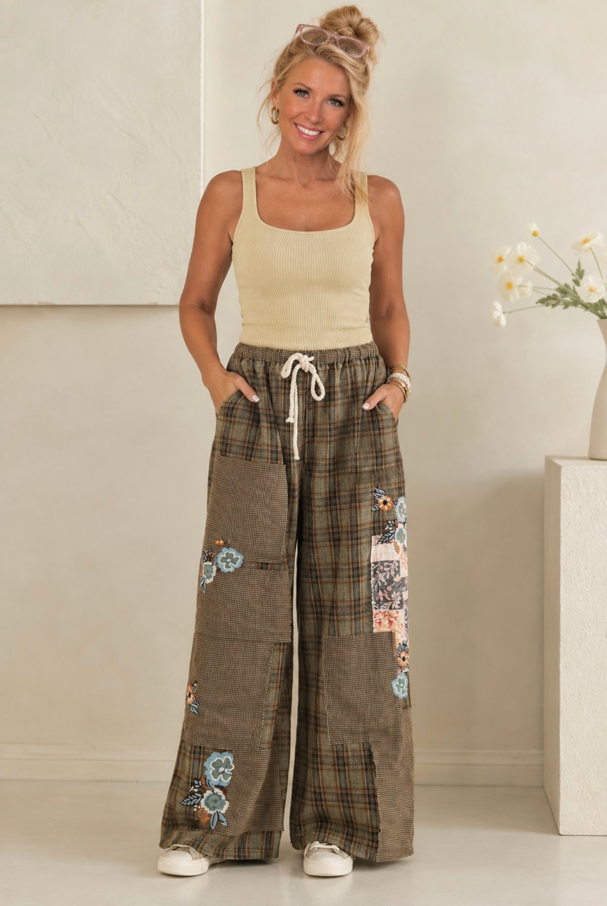 Oli & Hali Olive Embroidered Patchwork Plaid Pants