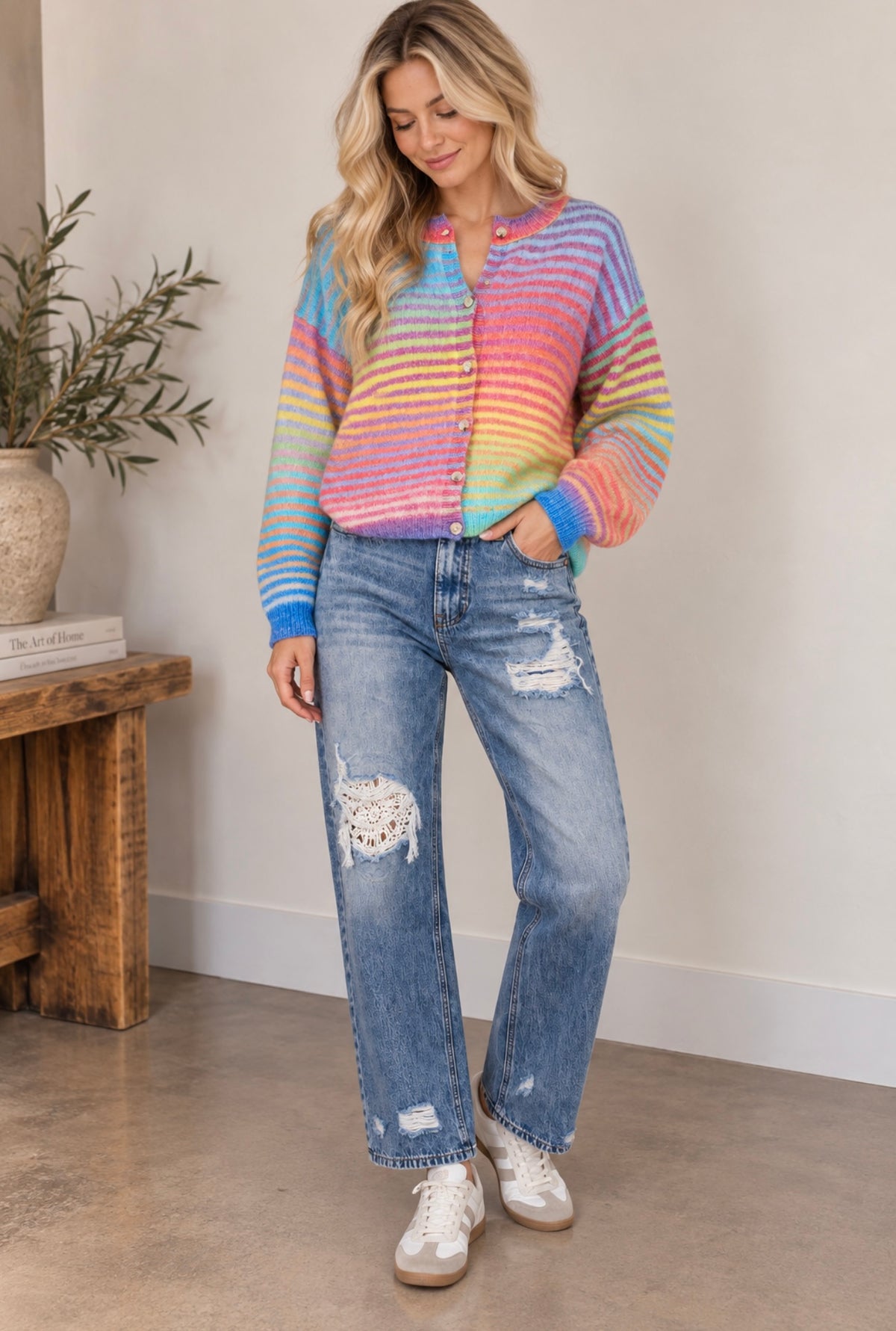 Space-Dye Striped Button-Down Cardigan