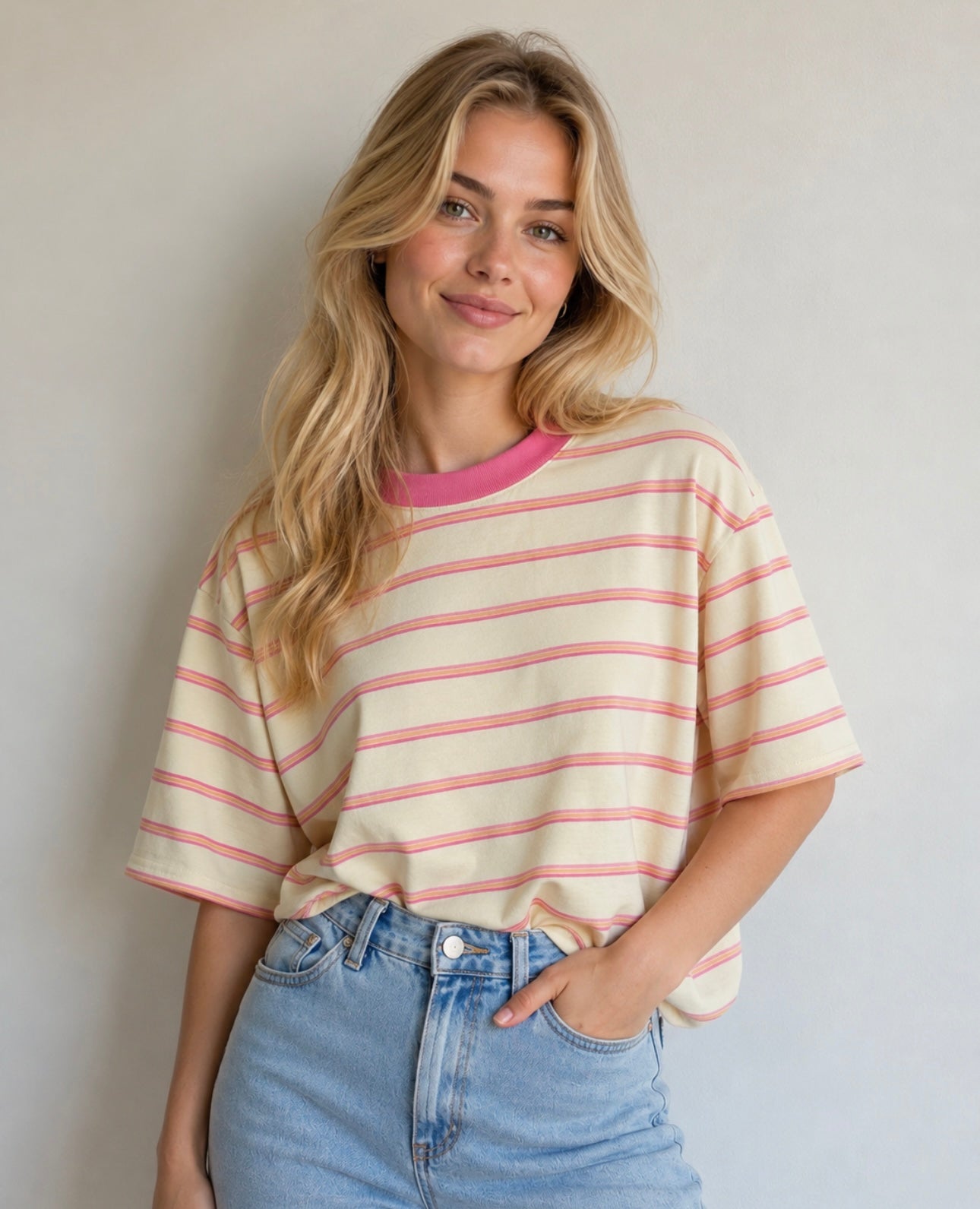 Ivory Pink Striped Boxy Girl Top