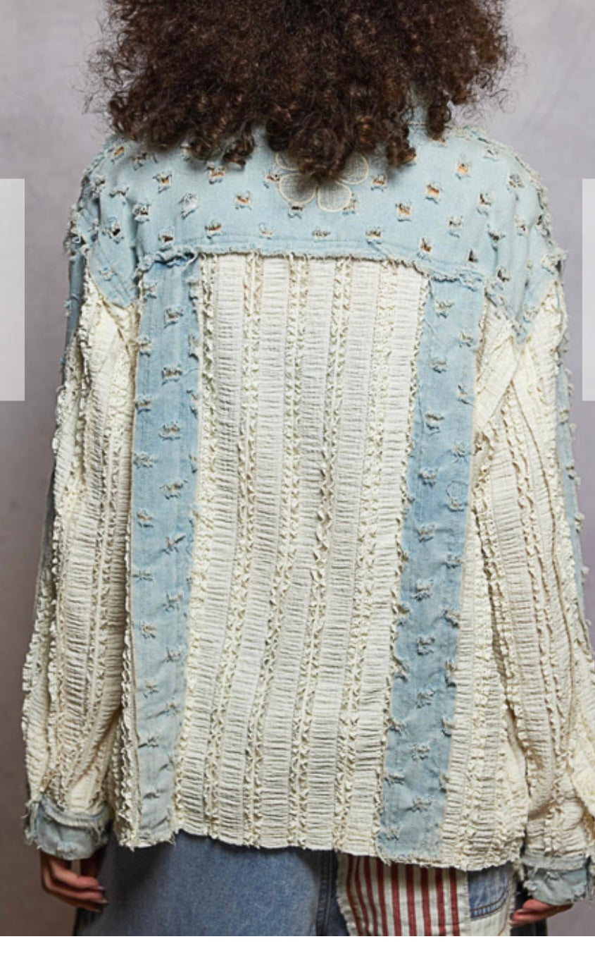 Textured Denim Flower Embroidery Button Down Top Pol